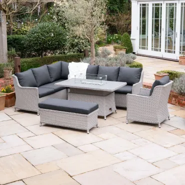 Talia L-Shaped Corner Rattan Lounge Dining Set with Armchair and Bench - Rising Gas Fire Pit Table  - 2