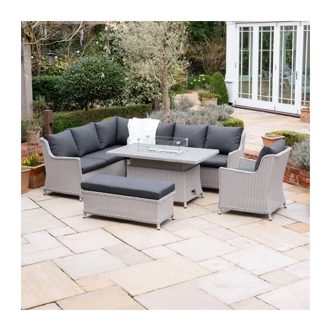 Talia L-Shaped Corner Rattan Lounge Dining Set with Armchair and Bench - Rising Gas Fire Pit Table - 2 Talia L-Shaped Corner Rattan Lounge Dining Set with Armchair and Bench - Rising Gas Fire Pit Table - 2