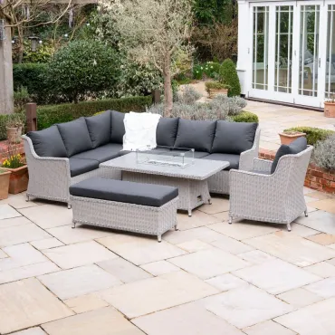 Talia Corner Rattan Dining Set - Armchair & Bench - Rising Gas Fire Pit Table