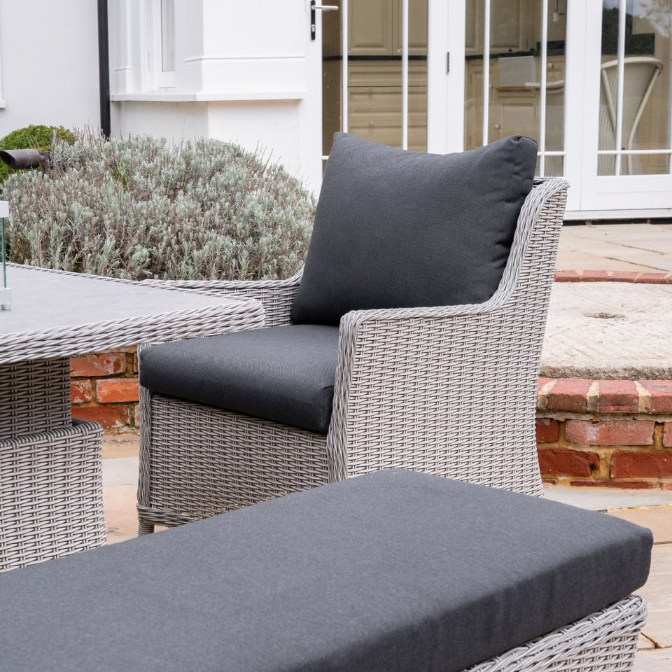 Talia Corner Rattan Dining Set with Armchair & Bench - Rising Gas Fire Pit Table