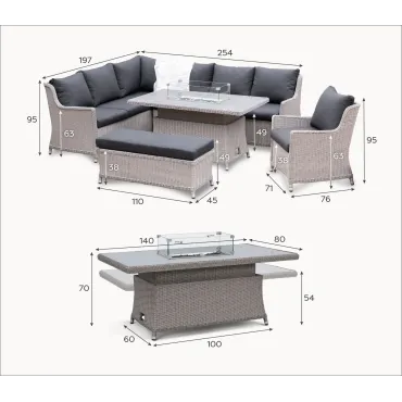 Talia L-Shaped Corner Rattan Lounge Dining Set with Armchair and Bench - Rising Gas Fire Pit Table  - 12