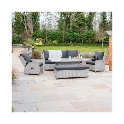 Talia 3 Seater Grande Rattan Lounge Dining Set with 2 Reclining Armchairs and Bench - Rising Table - 2 Talia 3 Seater Grande Rattan Lounge Dining Set with 2 Reclining Armchairs and Bench - Rising Table - 2
