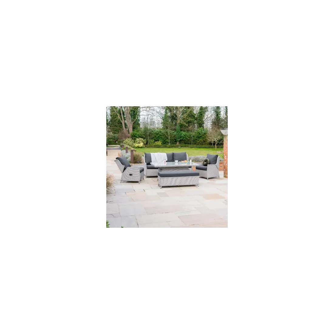 Talia 3 Seater Grande Rattan Lounge Dining Set with 2 Reclining Armchairs and Bench - Rising Table - 2 Talia 3 Seater Grande Rattan Lounge Dining Set with 2 Reclining Armchairs and Bench - Rising Table - 2