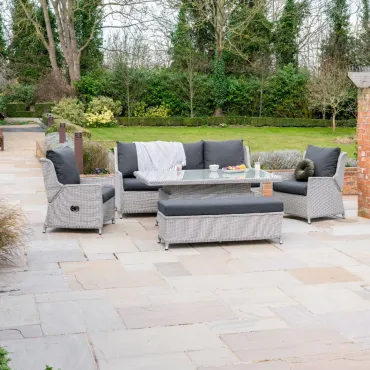 Talia 3 Seater Grande Rattan Lounge Dining Set with 2 Reclining Armchairs and Bench - Rising Table