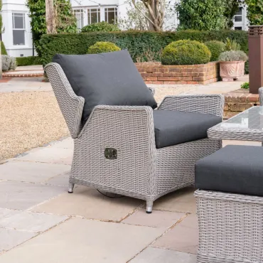 Talia 3 Seater Grande Rattan Dining Set with 2 Reclining Armchairs & Bench - Rising Table