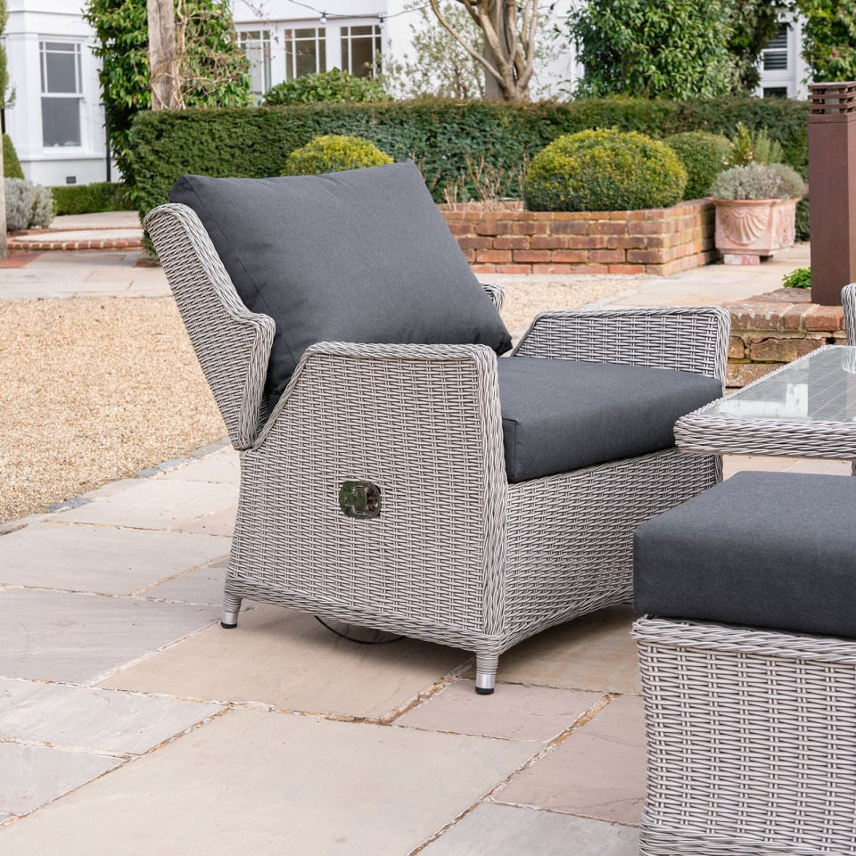 Talia 3 Seater Grande Rattan Dining Set with 2 Reclining Armchairs & Bench - Rising Table