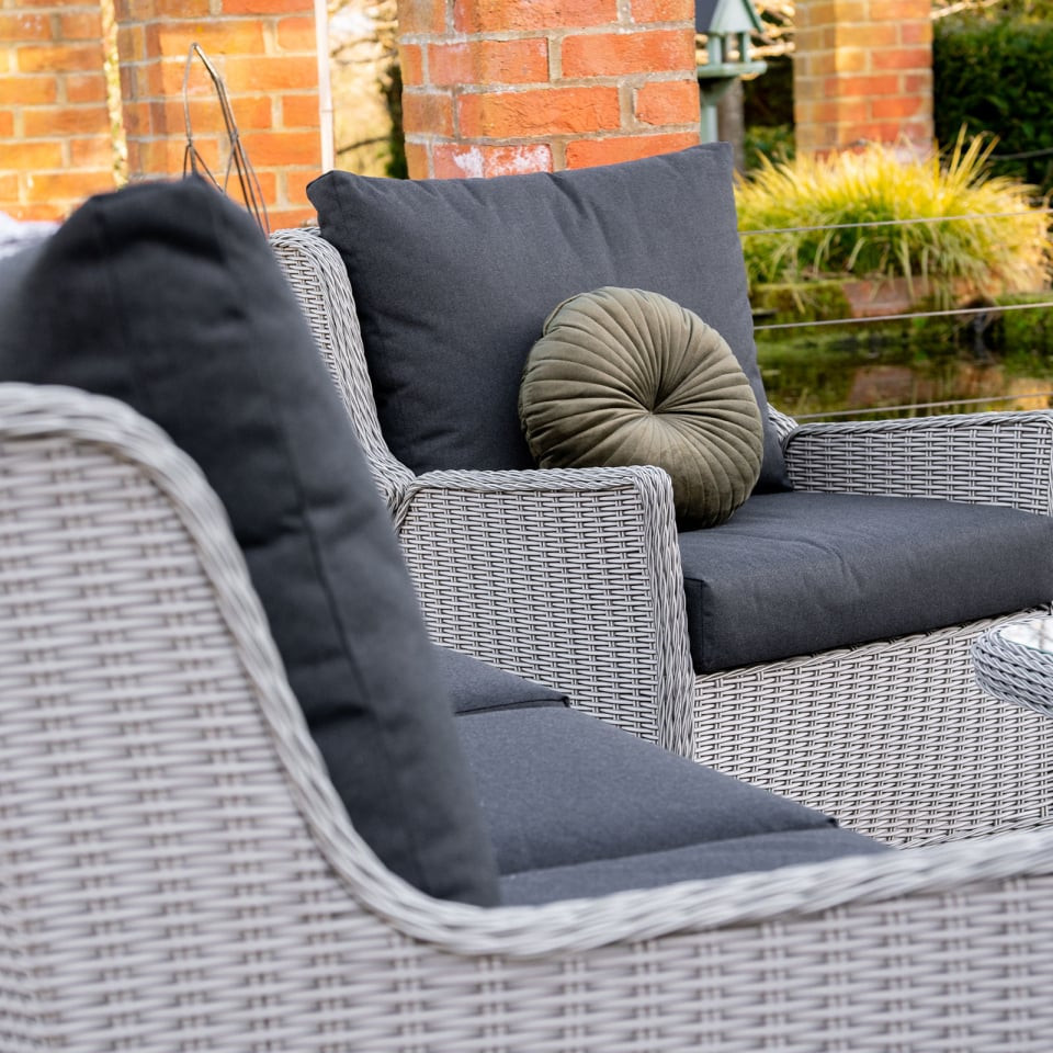 Talia 3 Seater Grande Rattan Dining Set with 2 Reclining Armchairs & Bench - Rising Table