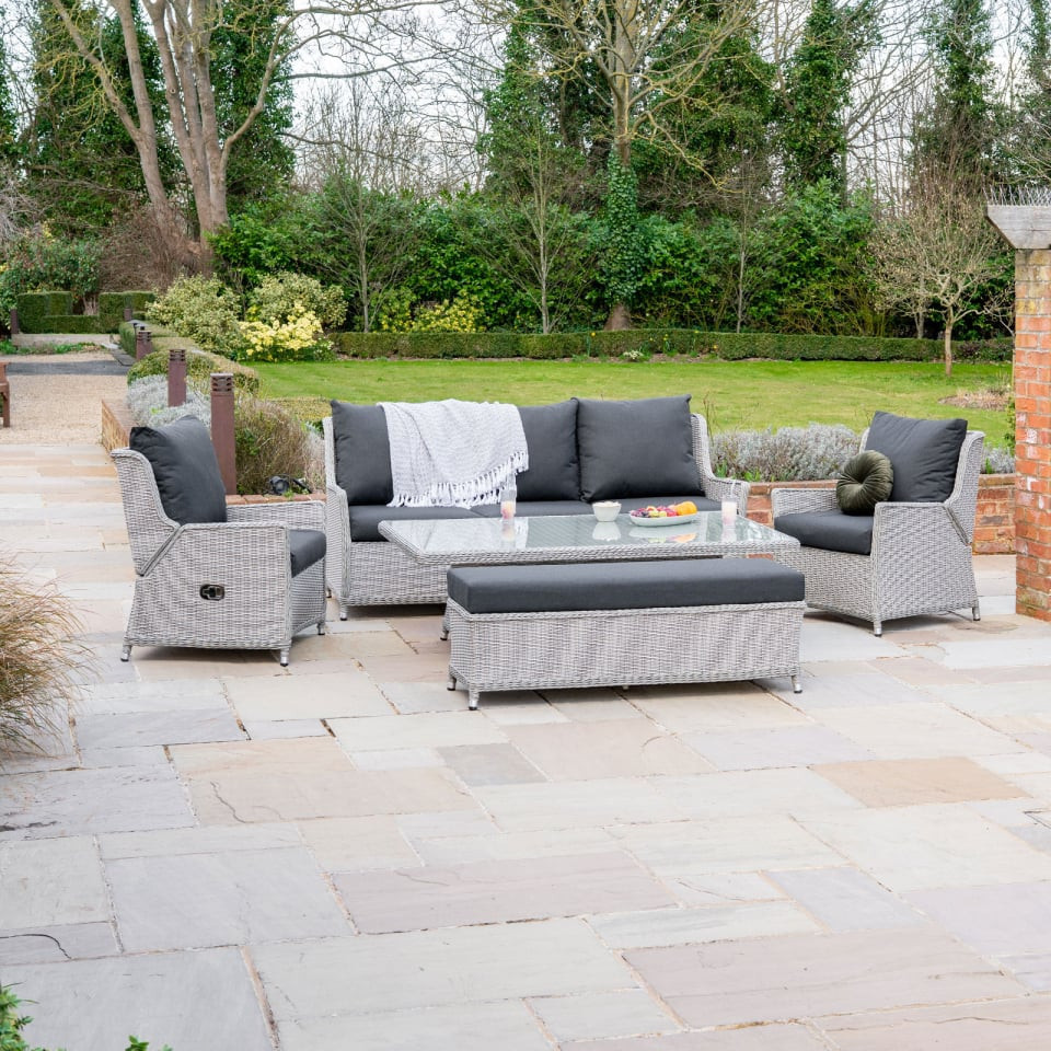 Talia 3 Seater Grande Rattan Dining Set with 2 Reclining Armchairs & Bench - Rising Table