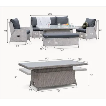 Talia 3 Seater Grande Rattan Lounge Dining Set with 2 Reclining Armchairs and Bench - Rising Table  - 11