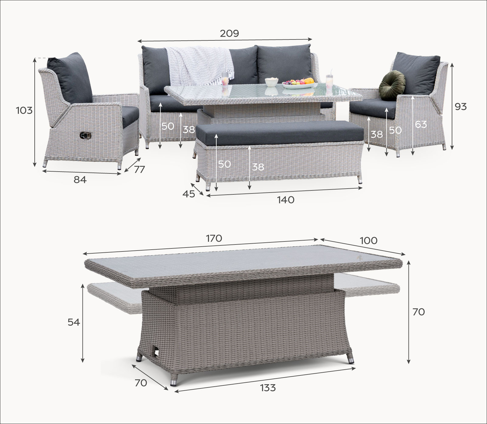 Talia 3 Seater Grande Rattan Dining Set with 2 Reclining Armchairs & Bench - Rising Table