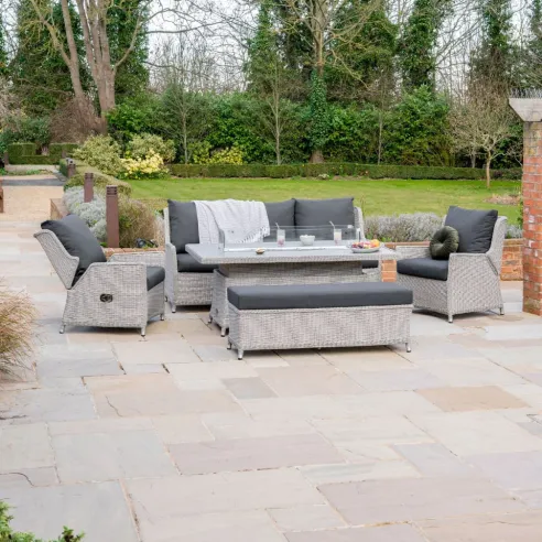 Talia 3 Seater Grande Rattan Lounge Dining Set with 2 Reclining Armchairs and Bench - Rising Gas Fire Pit Table  - 2