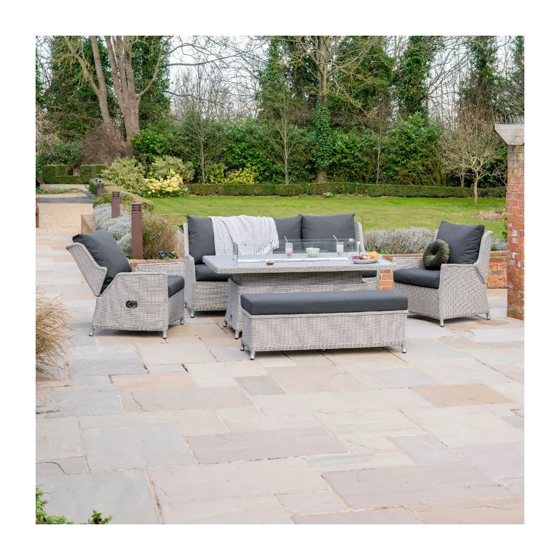 Talia 3 Seater Grande Rattan Lounge Dining Set with 2 Reclining Armchairs and Bench - Rising Gas Fire Pit Table  - 2