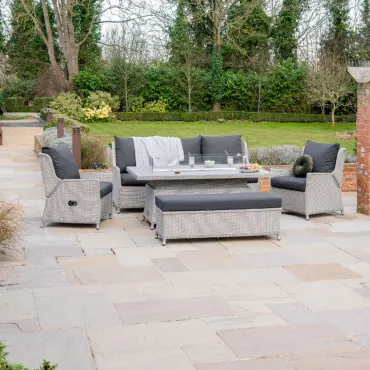 Talia 3 Seater Grande Rattan Dining Set - 2 Reclining Armchairs & Bench - Rising Gas Fire Pit Table