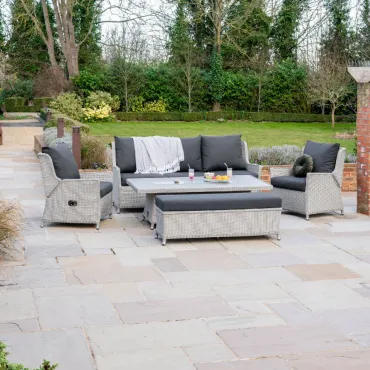 Talia 3 Seater Grande Rattan Dining Set - 2 Reclining Armchairs & Bench - Rising Gas Fire Pit Table