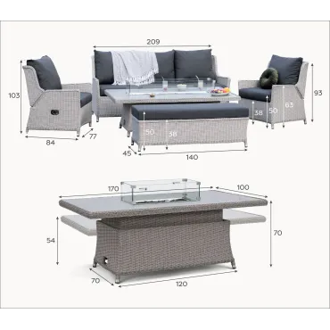 Talia 3 Seater Grande Rattan Dining Set - 2 Reclining Armchairs & Bench - Rising Gas Fire Pit Table