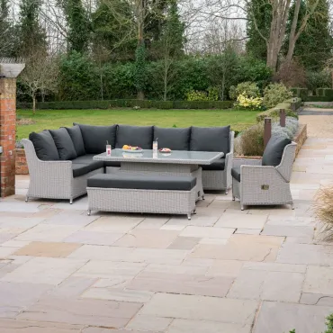 Talia L-Shaped Grande Rattan Dining Set with Reclining Armchair & Bench - Rising Table