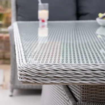 Talia L-Shaped Grande Rattan Dining Set with Reclining Armchair & Bench - Rising Table