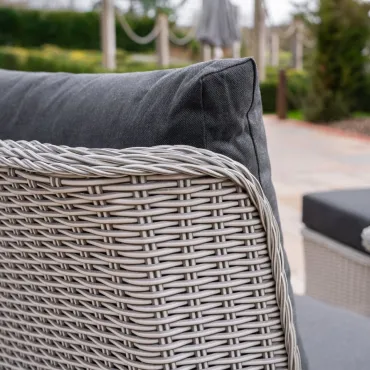 Talia L-Shaped Grande Rattan Dining Set with Reclining Armchair & Bench - Rising Table