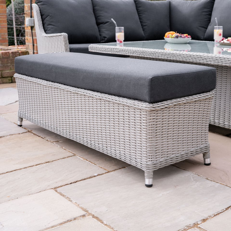 Talia L-Shaped Grande Rattan Dining Set with Reclining Armchair & Bench - Rising Table