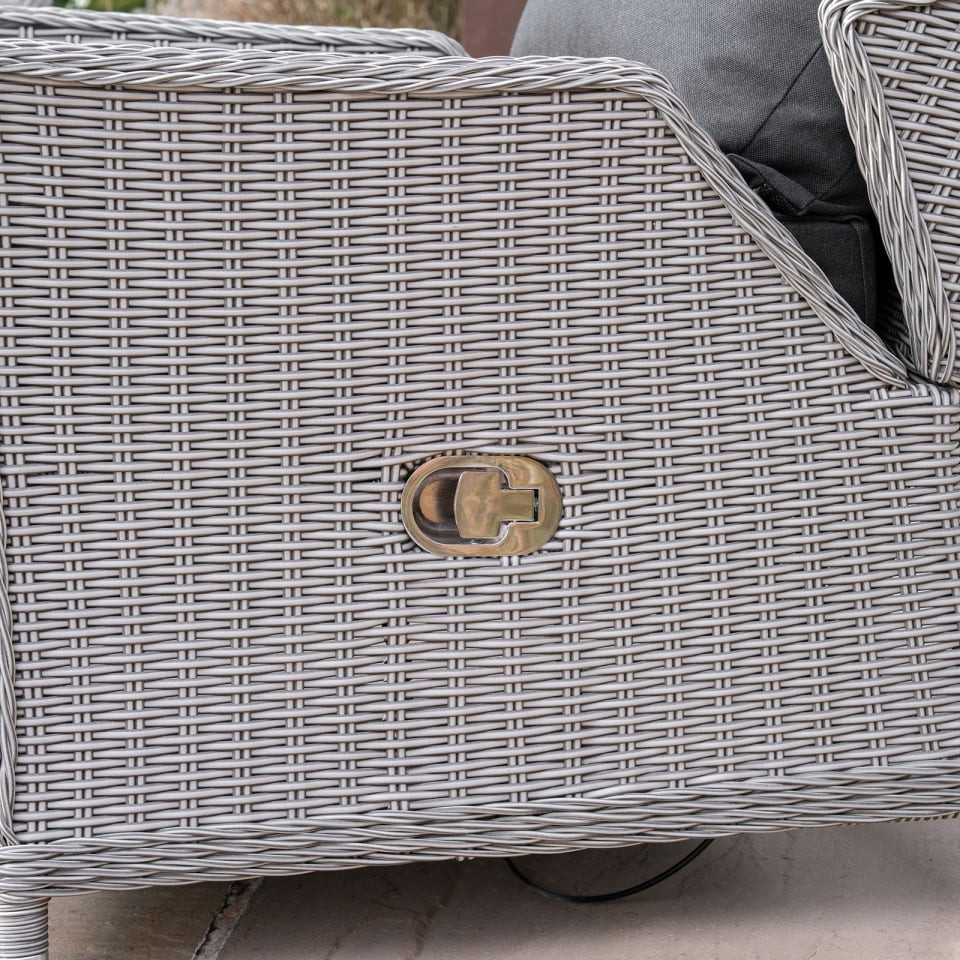 Talia L-Shaped Grande Rattan Dining Set with Reclining Armchair & Bench - Rising Table