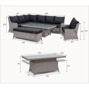 Talia L-Shaped Grande Corner Rattan Lounge Dining Set with Reclining Armchair and Bench - Rising Table
