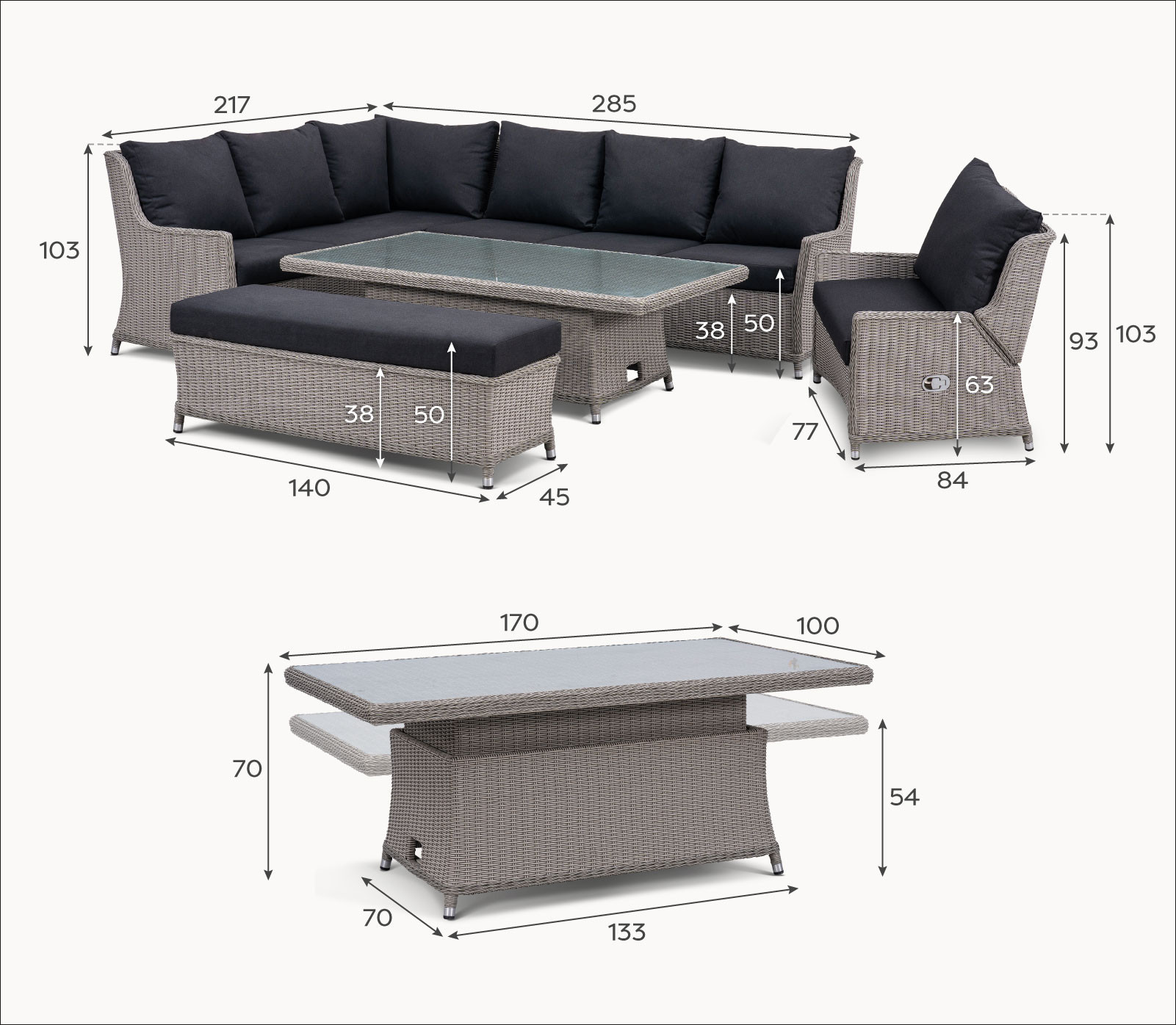 Talia L-Shaped Grande Rattan Dining Set with Reclining Armchair & Bench - Rising Table