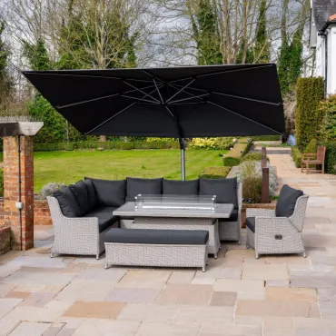 Talia Grande Corner Rattan Dining Set with Reclining Armchair & Bench - Rising Gas Fire Pit Table