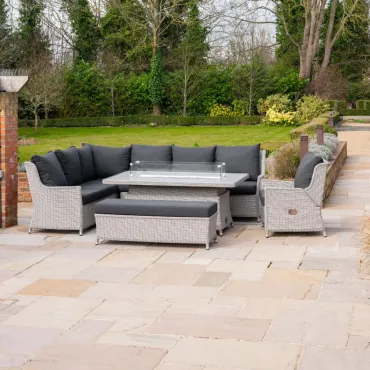 Talia L-Shaped Grande Corner Rattan Lounge Dining Set with Reclining Armchair and Bench -3 Rising Gas Fire Pit Table  - 3
