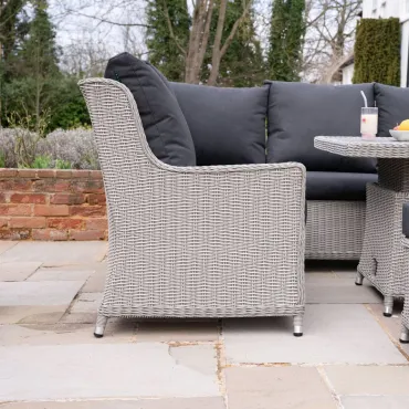 Talia Grande Corner Rattan Dining Set with Reclining Armchair & Bench - Rising Gas Fire Pit Table