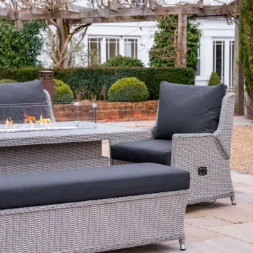 Talia L-Shaped Grande Corner Rattan Lounge Dining Set with Reclining Armchair and Bench -3 Rising Gas Fire Pit Table  - 11
