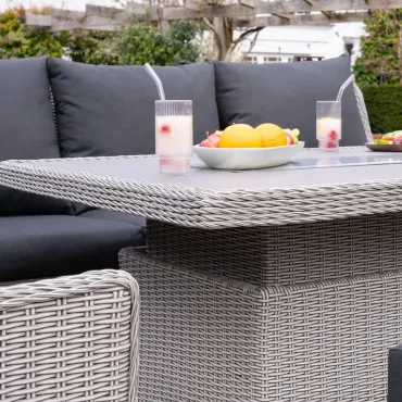 Talia Grande Corner Rattan Dining Set with Reclining Armchair & Bench - Rising Gas Fire Pit Table