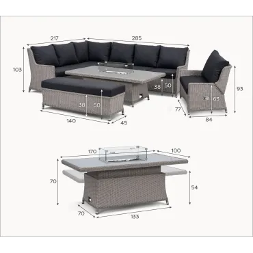 Talia Grande Corner Rattan Dining Set with Reclining Armchair & Bench - Rising Gas Fire Pit Table