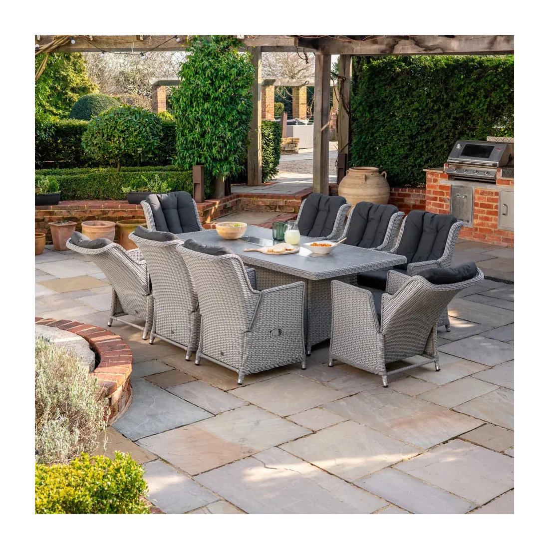 Talia Reclining 8 Seat Rattan Dining Set - Rectangular Gas Fire Pit Table  - 2