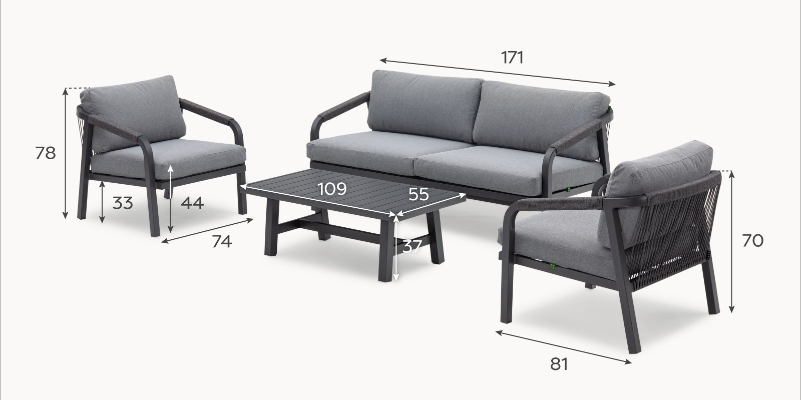 Teagan Aluminium Rope 2.5 Seater Sofa Lounging