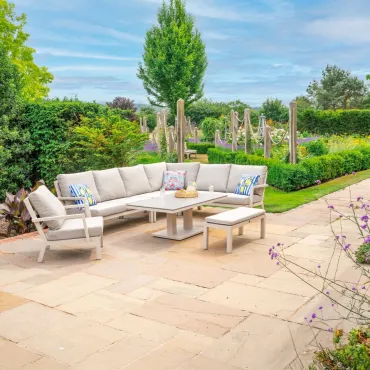 Vogue L-Shaped Corner Aluminium Lounge Dining Set with Armchair and Bench - Adjustable Rising Table