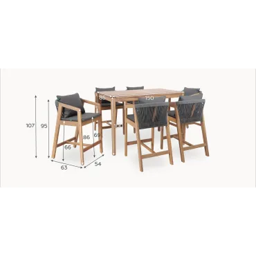 Aida 6 Seat Acacia Wood Rope High Dining Set - Rectangular Table