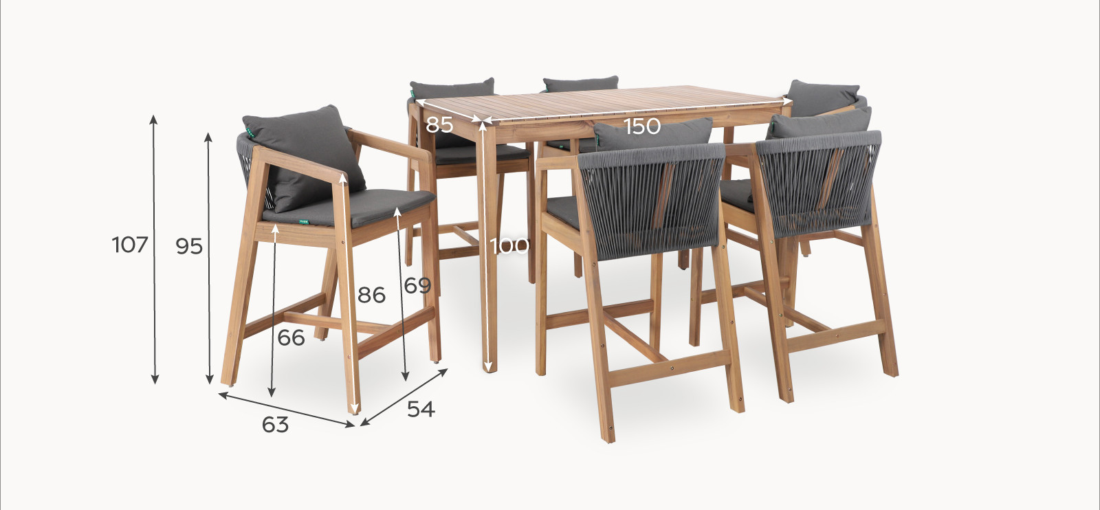 Aida 6 Seat Acacia Wood Rope High Dining Set - Rectangular Table