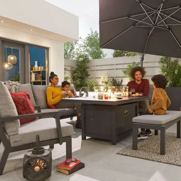 Vogue 3 Seater Aluminium Lounge Dining Set with 2 Armchairs and Bench - Gas Fire Pit Table