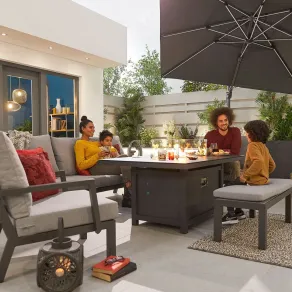 Vogue 3 Seater Aluminium Lounge Dining Set with 2 Armchairs and Bench - Gas Fire Pit Table