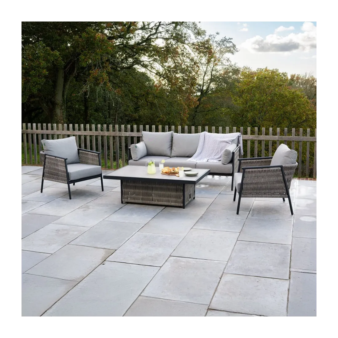 Sophia 3 Seater Rattan Aluminium Lounge Dining Set with 2 Armchairs - Rising Table