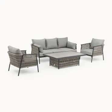 Sophia 3 Seater Rattan Aluminium Lounge Dining Set with 2 Armchairs - Rising Table