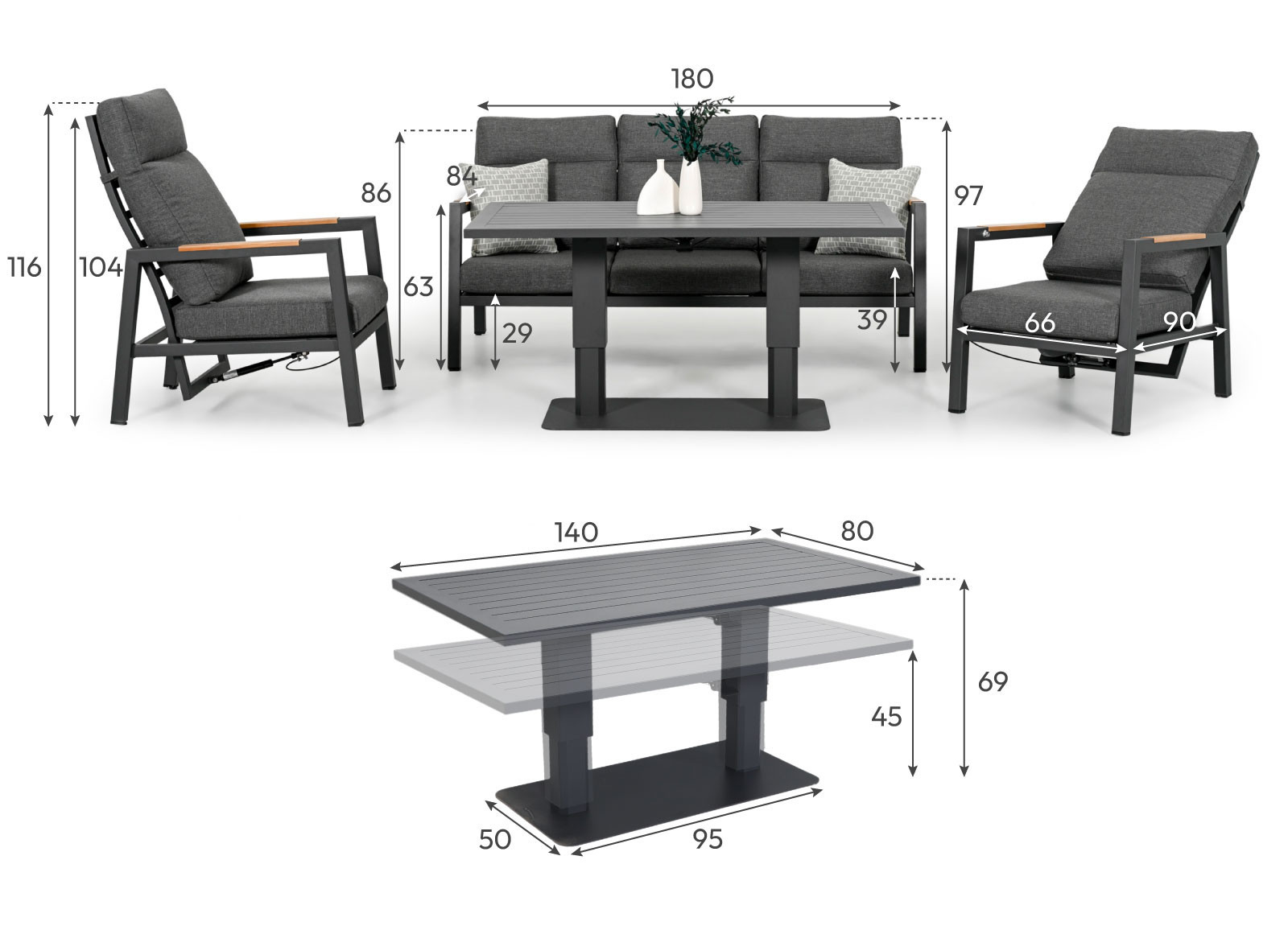 Juno 3 Seater Aluminium Wood Effect Lounge Dining