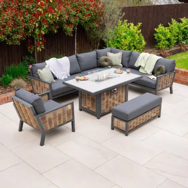 Caleb Corner Rattan Aluminium Lounge Dining Set with Armchair and Bench - Gas Fire Pit