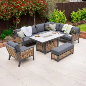 Caleb Corner Rattan Aluminium Lounge Dining Set with Armchair and Bench - Gas Fire Pit