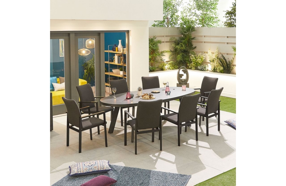 Hugo Outdoor Fabric 8 Seat Oval Dining Set, Oval Dining Table And Chairs For 8