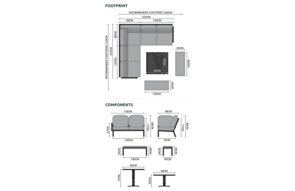 Aluminium Sofa Dining Vogue Compact Corner Aluminium Lounge Dining Set with 2 Benches - Square Adjustable Rising Table