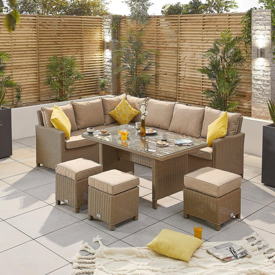 Ciara Corner Rattan Dining Set with 3 Stools - Left Handed Parasol Hole Table