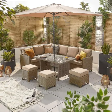 Ciara Corner Rattan Dining Set with 3 Stools - Left Handed Parasol Hole Table