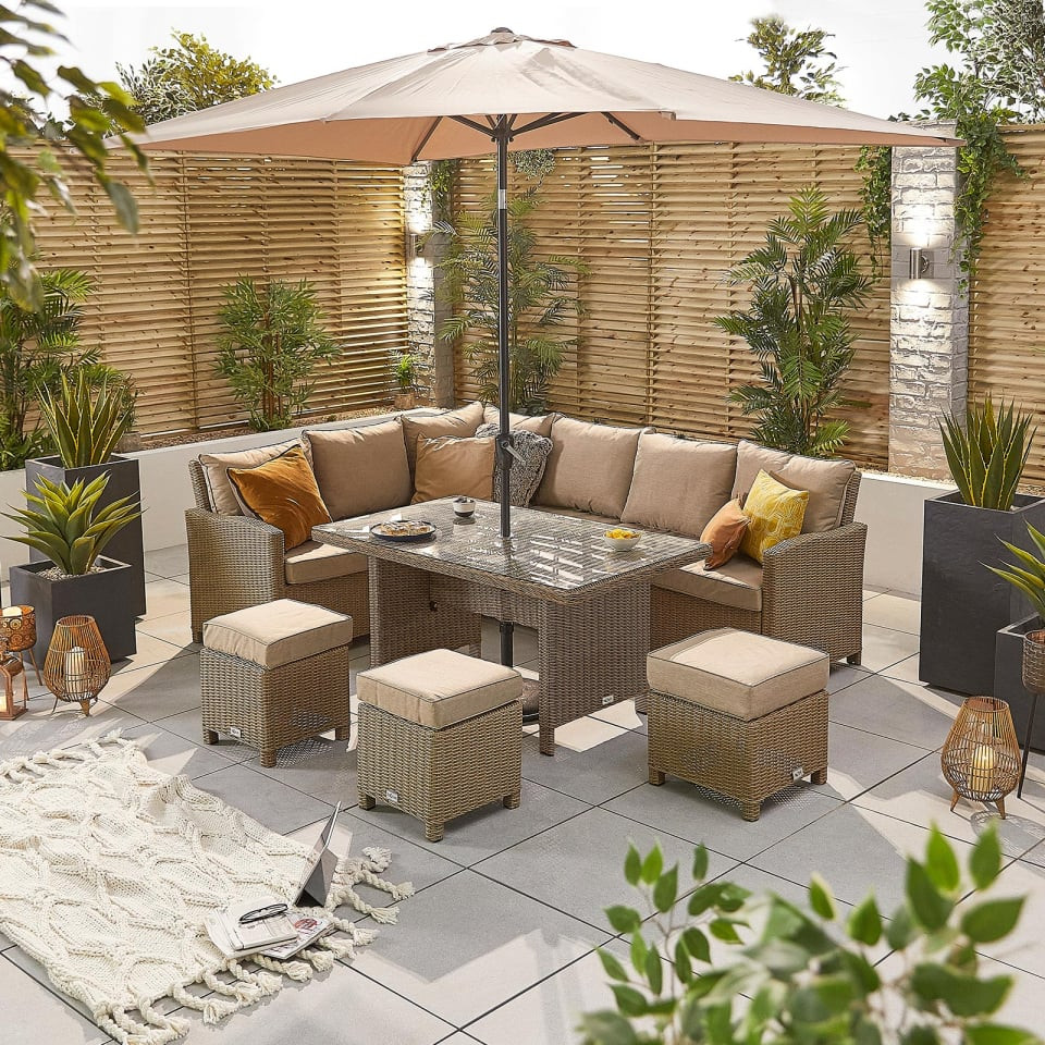 Ciara Corner Rattan Dining Set with 3 Stools - Left Handed Parasol Hole Table