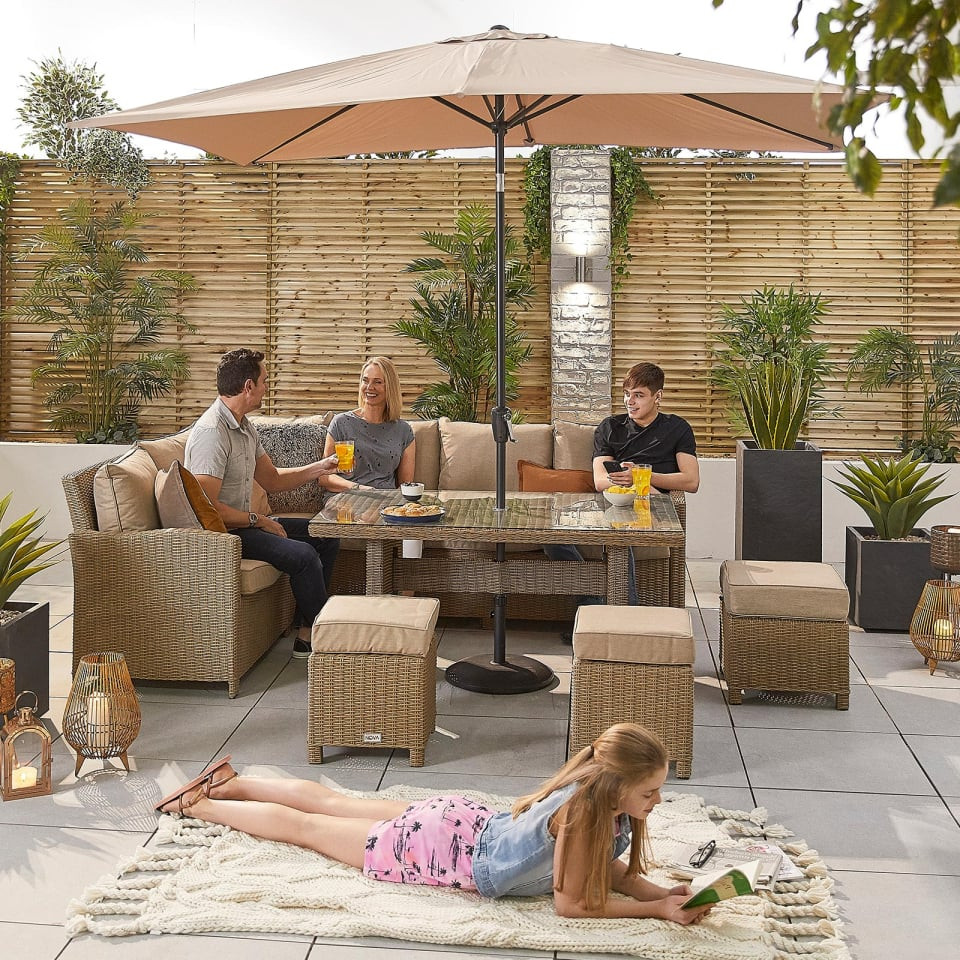 Ciara Corner Rattan Dining Set with 3 Stools - Left Handed Parasol Hole Table